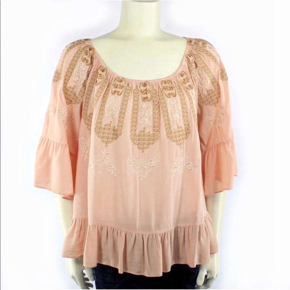 Hazel Embroidered Boho Peasant Top Blush Pink Sz S